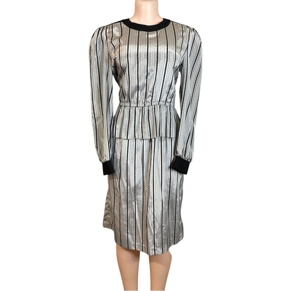 Vintage 80s Silver Floral Midi Dress Striped Peplum Modest Sz XS S Puff Sleeve
